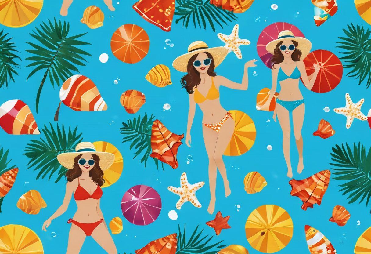 A vibrant summer scene featuring a playful array of unique bikinis in whimsical styles, surrounded by fantastical elements like floating seashells and colorful fish. The setting includes a sunny beach with crystal clear water and palm trees, evoking a carefree, tropical vibe. The bikinis should showcase various patterns and colors, reflecting a sense of adventure and fun. Add elements like sun hats and beach balls to enhance the playful atmosphere. super-realistic. vibrant colors. sunny background.
