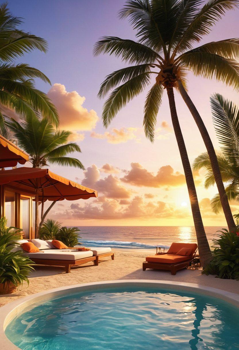 A luxurious tropical beach scene showcasing elegant beach fashion with vibrant swimsuits and cover-ups, surrounded by palm trees and a hot tub with bubbles. The sun setting in the background casts warm colors across the sky, enhancing the sensual atmosphere. Include soft sand and tropical plants, emphasizing relaxation and allure. super-realistic. vibrant colors. sunset ambiance.